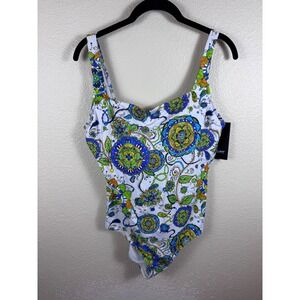NWT Kuny Barcelona One‎ Piece Swim Suit 16 Blue Paisley Boho Maximalist Resort